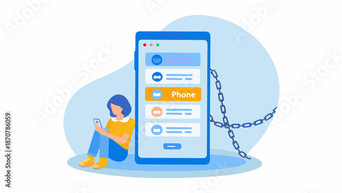 Woman feeling trapped by her smartphone addiction