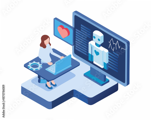 Woman interacting with AI robot on large computer screen in modern workspace