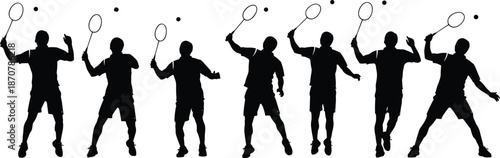 Badminton player silhouette vector set, featuring smash, serve, jump, and defensive action poses, dynamic racket sports movements for athletic designs