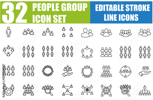 People Group Icon Set - Person, Team, Community, Society, Crowd, Workforce, Staff, Organization, Collaboration, Diversity, Unity and More - Editable Stroke Vector Illustration for Adobe Stock and Shut