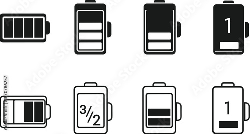 Battery charge level icon silhouette vector set, showing full, half, low, and empty power indicators for digital interface design