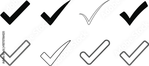 Check mark tick icon silhouette vector set, featuring bold and outline approval symbols, confirmation and validation signs for modern interface design