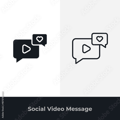 Social video message icon in solid and outline styles, depicting a chat bubble with a play button and a liked message notification, representing online communication.