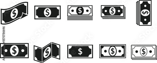 Dollar banknote icon silhouette vector set, featuring cash money bills in multiple styles, financial currency symbols for business and payment design