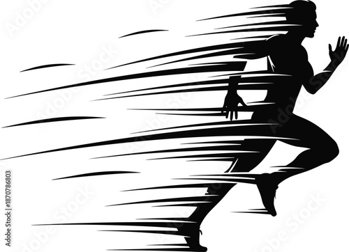 Fast running silhouette vector with motion streaks illustrating speed, athletic performance, sprint energy, fitness training, and dynamic movement in minimalist style