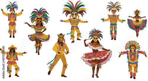 Vibrant People Dancing in Colorful Costumes with Feathered Headpieces, Illustrating Cultural Celebration and Traditional Attire in a Whimsical Setting from a Front Viewpoint