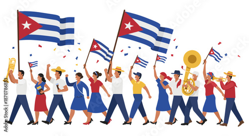 Vibrant Cuban Parade Celebrants Waving Flags and Playing Music in Joyful Procession