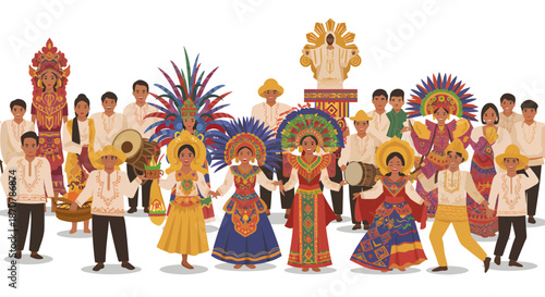 Vibrant cultural festival scene with people dancing and playing instruments in traditional attire, Whisk-inspired elements, lively atmosphere