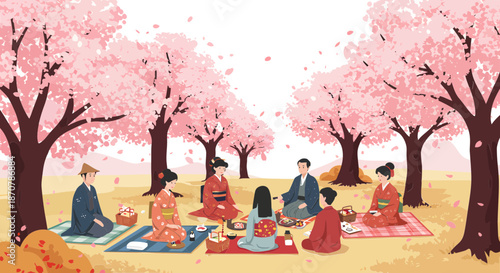 Group of people having a picnic under cherry blossom trees in a serene landscape viewed from a slight distance