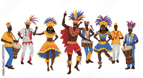 Vibrant people dancing together in traditional costumes with colorful headdresses and drums, celebrating cultural heritage in a lively festive scene