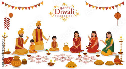 Family Celebrating Diwali Together with Traditional Attire and Decorations in a Festive Indian Setting