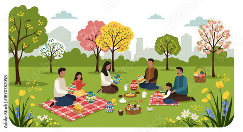 Family and friends enjoying a leisurely picnic in a vibrant park with trees and flowers