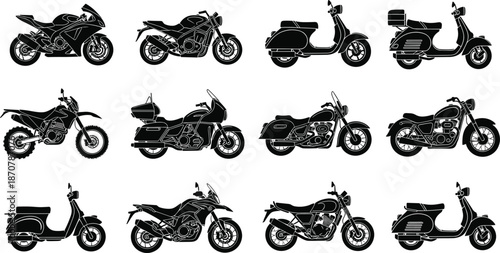 Motorcycle and scooter silhouettes set vector illustration featuring sport bikes, cruisers, touring motorcycles, and vintage scooters in clean side view style