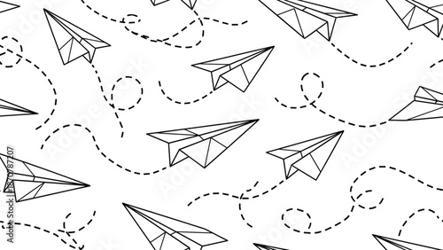 Paper airplane seamless pattern vector with dashed flight paths representing travel, freedom, creativity, communication, and playful movement in minimalist line art style