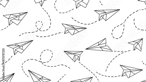 Paper airplane seamless pattern vector with dashed flight paths illustrating travel, freedom, creativity, communication, and playful movement in minimalist line art style