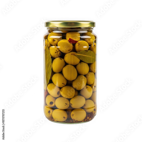 Jar of green olives with bay leaf