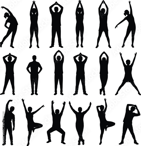 People stretching and fitness exercise silhouettes isolated on white background showing warm up workout poses flexibility balance and healthy active lifestyle