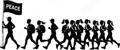 Peace march silhouette vector illustration, showing people walking together with peace flag, unity demonstration, protest, and social movement concept for advocacy design