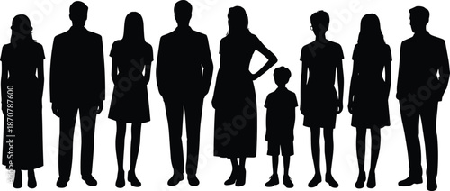 Family and people silhouettes standing together isolated on white background representing generations diversity community identity unity and anonymous human concept