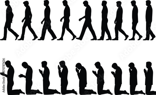 Man silhouette sequence walking and kneeling in prayer isolated on white background symbolizing faith transformation spirituality devotion and human