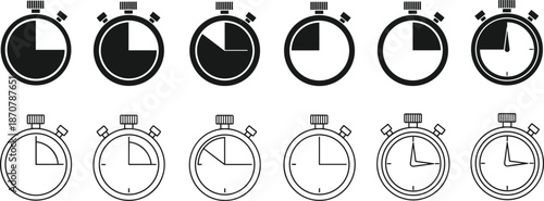 Stopwatch timer icon silhouette vector set, featuring time measurement, countdown, and chronometer symbols in bold and outline styles for interface design