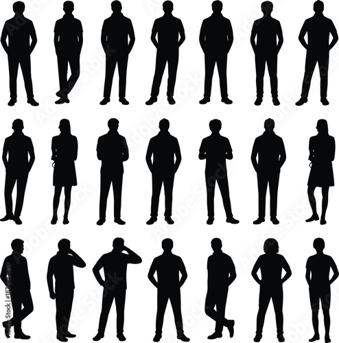 People silhouettes standing collection, men and women human figures in various poses isolated on white background illustration