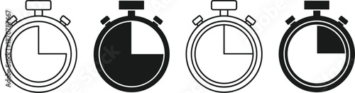 Stopwatch timer icon silhouette vector set, showing time tracking, countdown, and chronometer symbols in bold and outline styles for interface design
