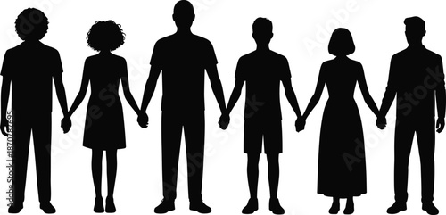 Family silhouettes holding hands in row, parents and children standing together isolated on white background, love unity community concept