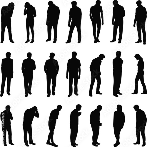Sad people silhouettes collection, depressed men human figures expressing stress loneliness anxiety emotions isolated on white background illustration set