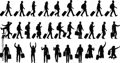 Travelers and business people silhouette vector set, showing walking, rolling luggage, briefcases, jumping poses, diverse passenger movements for travel and tourism design