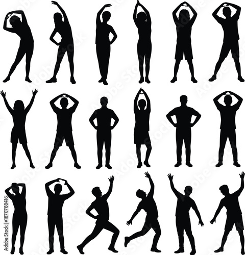 People stretching and exercising silhouettes set isolated on white background showing fitness workout warm up healthy lifestyle and body movement poses
