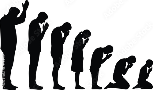 Prayer, silhouette, worship, people, faith, religion, devotion, spiritual, meditation, humility, belief, hope, reverence, man, woman, posture, isolated, white, background, concept