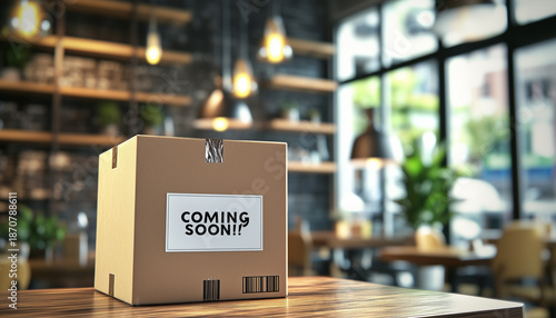 Brown cardboard box with coming soon. label sits on wooden table in cafe interior. Package announcement signals new business