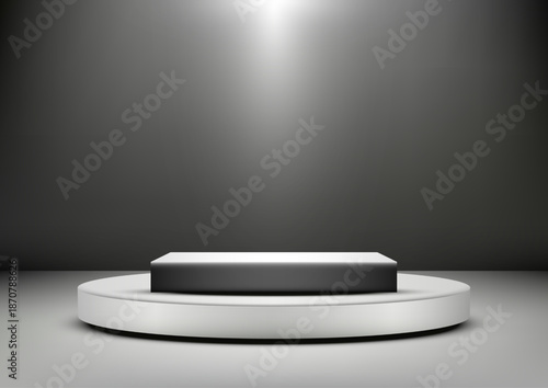 luxury product display mockup with glossy black cube on white podium illuminated by spotlight in modern dark studio background for elegant branding showcase and creative presentation design