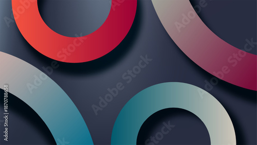 Modern paper cut style circular shapes with multi color gradients and 3d depth effect over dark elegant background for professional presentations