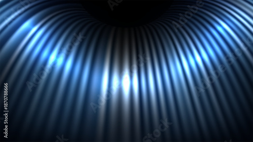 Abstract blue metallic ridges background with futuristic glowing light effects and deep perspective curving into a dark void for high tech digital innovation concepts and 3d luxury texture