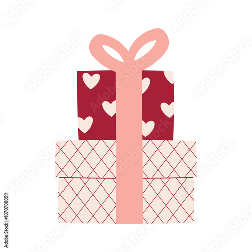 Stacked Gift Boxes with Hearts and Pink Ribbon, festive romantic clipart for Valentine’s Day