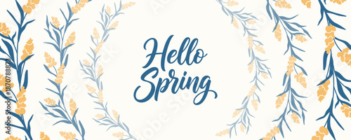 Hello Spring Banner with Yellow and Blue Wheat Floral Wreath Background