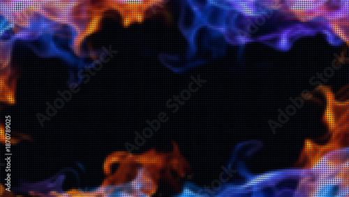 Vibrant halftone fire frame on black background. Perfect for creative projects, banners, posters, or digital designs needing a fiery touch. Vector illustration.