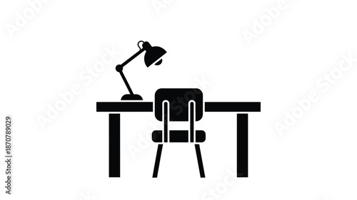 Simple black silhouette of a desk chair and adjustable lamp on a white background