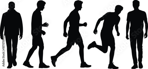 Male silhouette sequence showing walking and running movement representing fitness exercise motion progression active lifestyle sports concept illustration