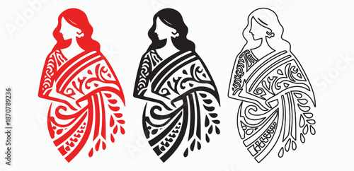 Elegant Woman Silhouette in Traditional Saree Decorative Vector Illustration