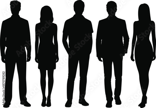Young people silhouettes standing together representing modern lifestyle youth diversity friendship community teamwork social group concept illustration