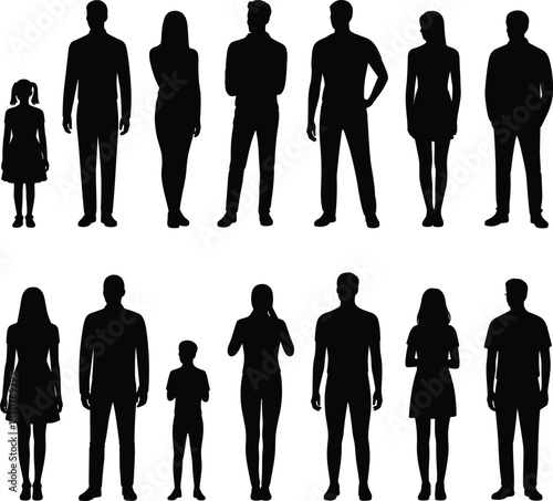 Human silhouettes of adults and children standing together representing age diversity family generation community people lifestyle social concept