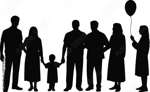 Family silhouette holding hands with child and balloon symbolizing love togetherness parenting celebration community happiness relationship concept