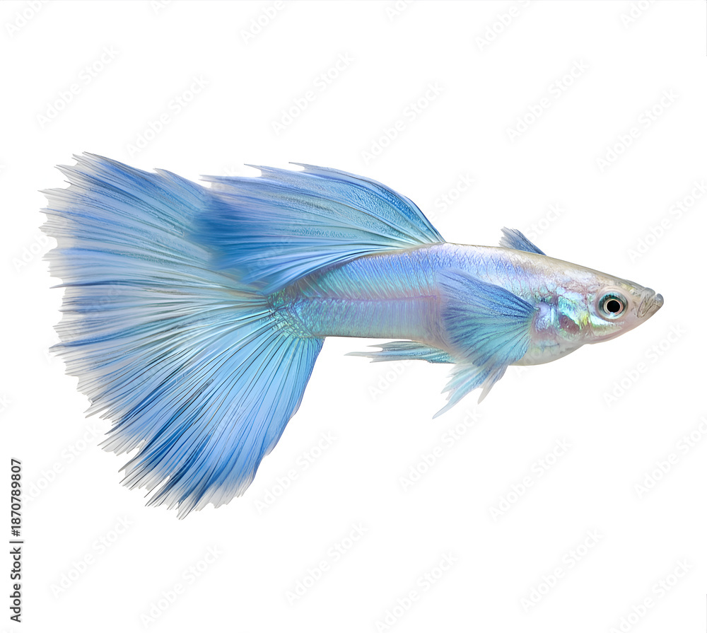 Fototapeta premium A beautiful male Sky Blue Lazuli Guppy featuring a large flowing delta tail and iridescent silvery-blue scales. This high-resolution aquatic image showcases elegant finnage.