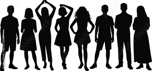Young people silhouettes standing in different poses representing youth diversity lifestyle confidence fashion friendship modern social group concept