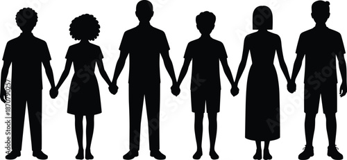 Family silhouettes holding hands together, parents and children standing united isolated on white background, love unity community concept illustration