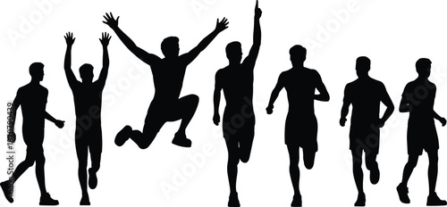 Running and jumping men silhouettes isolated on white background representing fitness training energy motivation teamwork success and active lifestyle concept