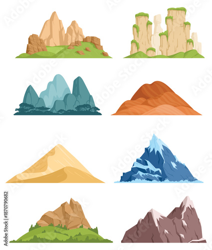 Stylized mountain landscape vector set with rocky cliffs, desert dunes, forest hills, sandstone plateaus, and icy peaks. Clean flat illustration terrain elements isolated on white background.